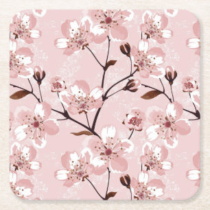 Cherry Blossom Flowers Pattern Square Paper Coaster