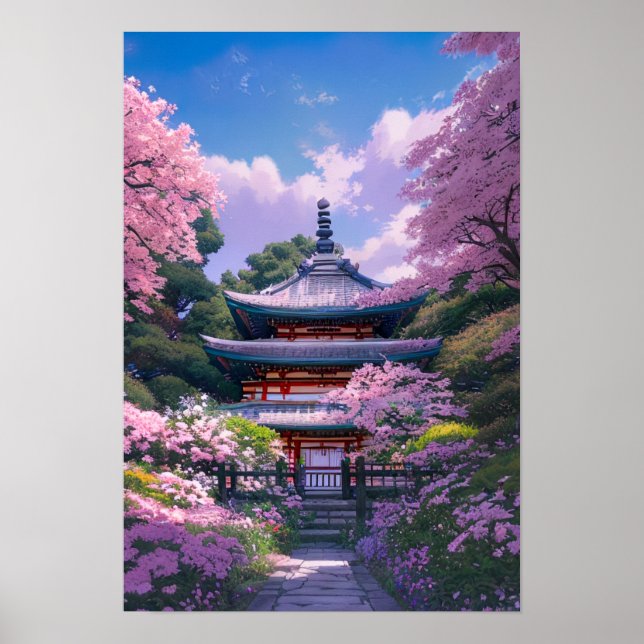 Cherry Blossom Garden and Wooden Temple Poster (Front)