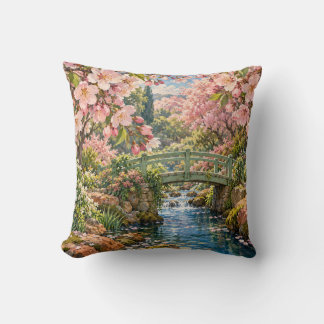 Cherry Blossom Garden Green Bridge Sunny Stream Throw Pillow