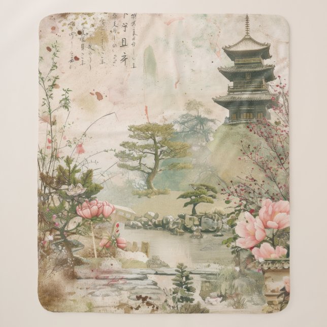 Cherry Blossom Garden Scene (3) Sherpa Blanket (Front)