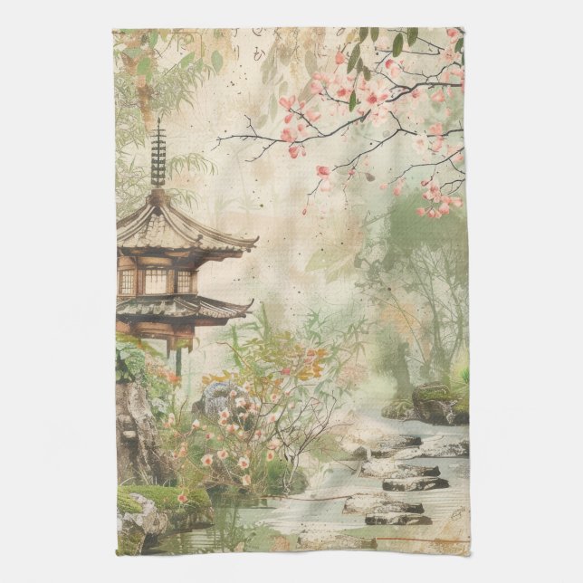 Cherry Blossom Garden Scene (4) Kitchen Towel (Vertical)