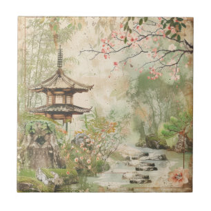 Cherry Blossom Garden Scene (4) Tile