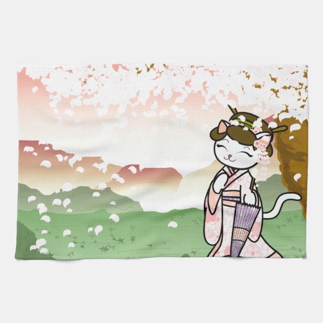 Cherry Blossom Geisha Kitty Kitchen Towel (Horizontal)