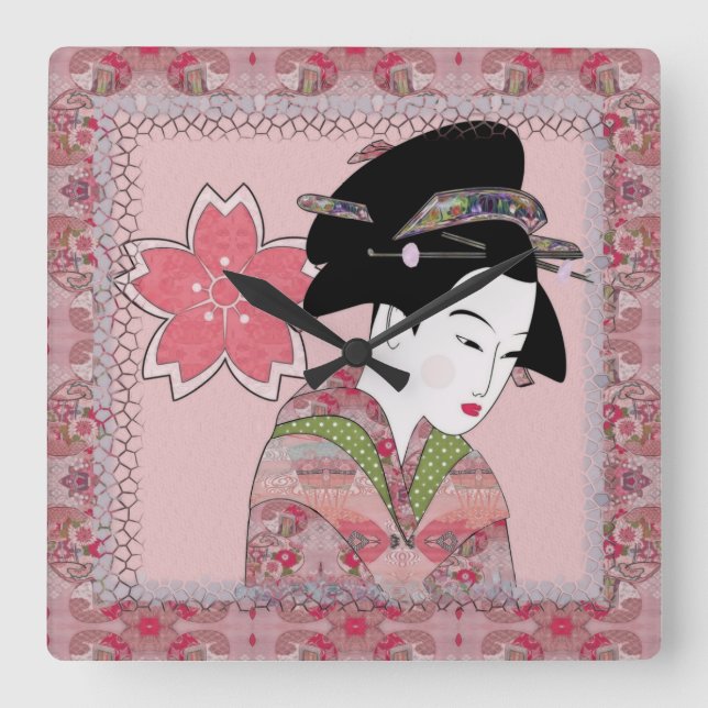 Cherry Blossom Geisha Square Wall Clock (Front)
