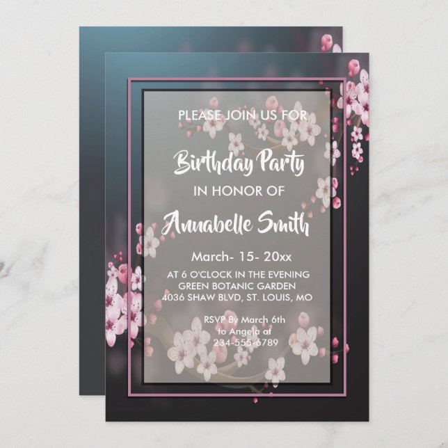 Cherry Blossom Geometric Floral Birthday Party Invitation (Front/Back)