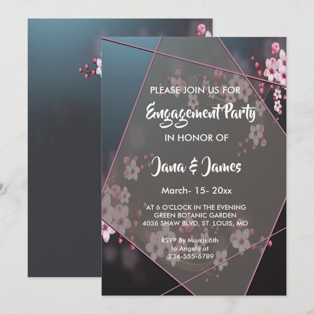Cherry Blossom Geometric Floral Engagement Invitation (Front/Back)