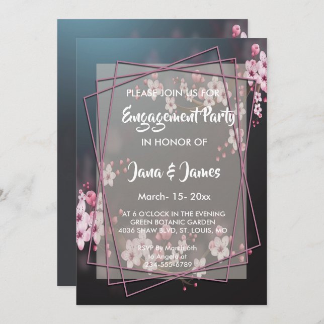 Cherry Blossom Geometric Floral Engagement Invitation (Front/Back)