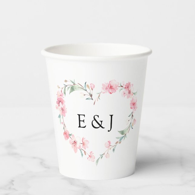 Cherry Blossom Heart Monogram Wedding Paper Cups (Front)
