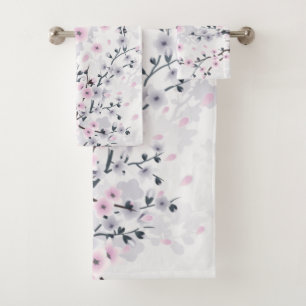 Cherry Blossom Illustrative Dusky Pink Mauve Bath Towel Set