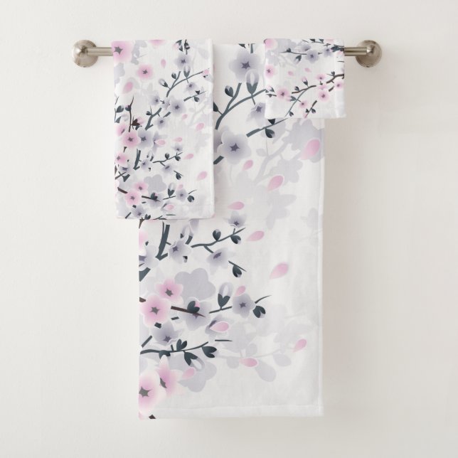 Cherry Blossom Illustrative Dusty Pink Mauve Bath Towel Set (Insitu)