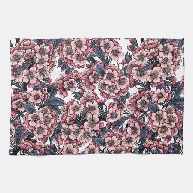 Cherry blossom in pink and blue kitchen towel (Horizontal)