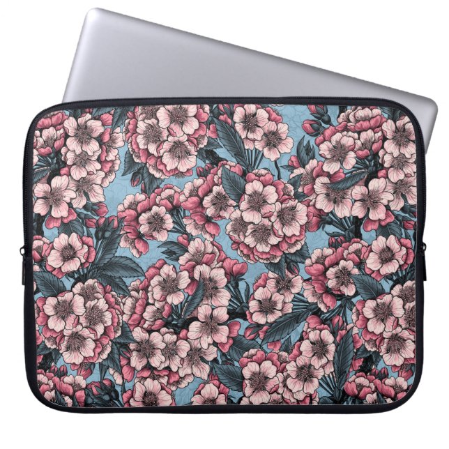 Cherry blossom in pink and blue laptop sleeve (Front)