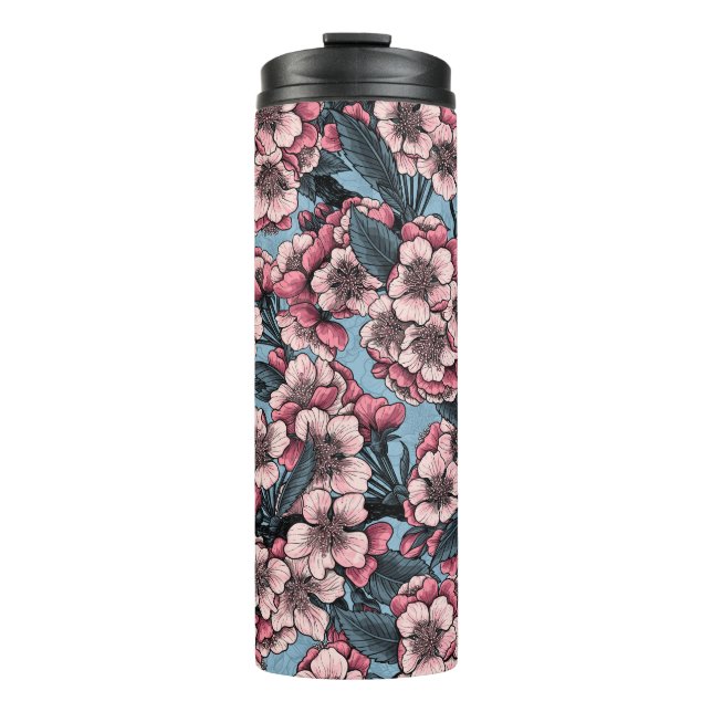 Cherry blossom in pink and blue thermal tumbler (Front)