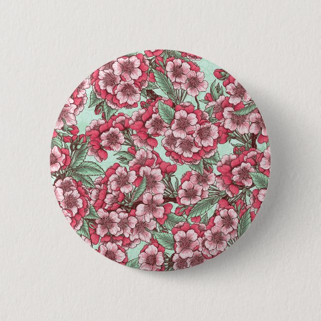 Cherry blossom in pink and mint 2 inch round button (Front)