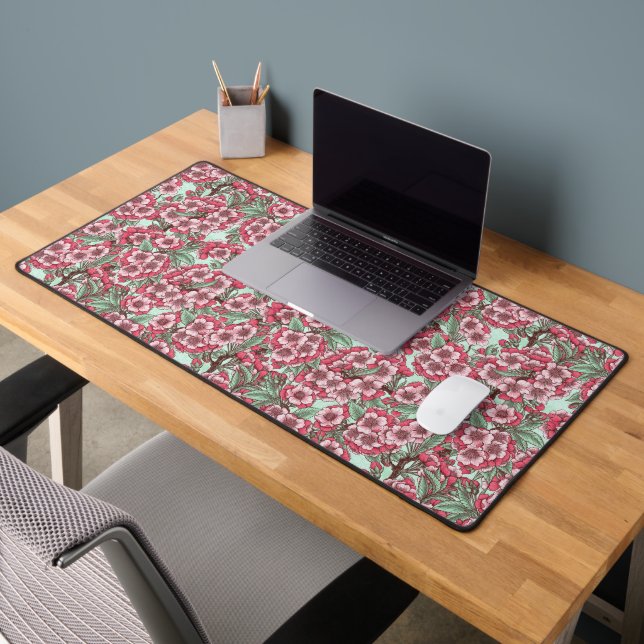 Cherry blossom in pink and mint desk mat (Office 2)