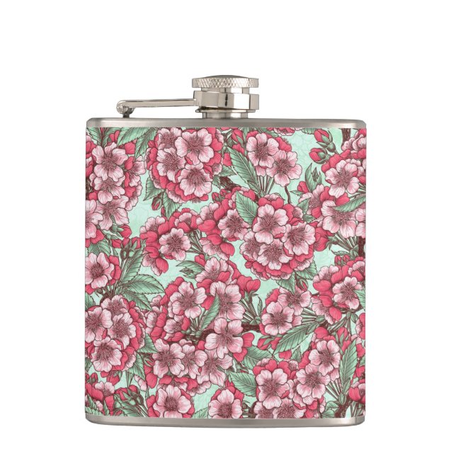 Cherry blossom in pink and mint hip flask (Front)
