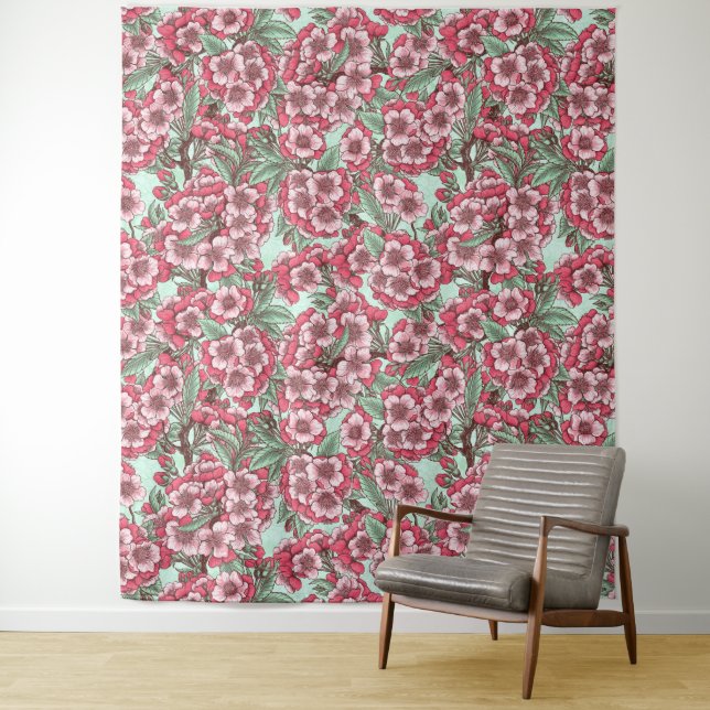 Cherry blossom in pink and mint tapestry (In Situ)