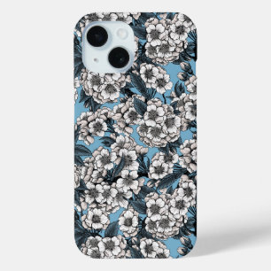 Cherry blossom in white and blue iPhone 15 case