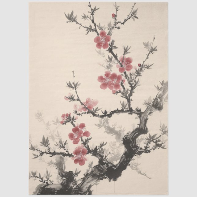 Cherry Blossom Ink Style Decoupage Tissue Paper (Front)