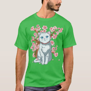 Cherry Blossom Japanese Art White Cat T-Shirt