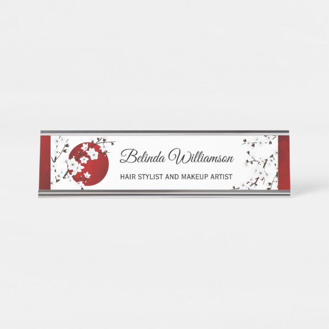 Cherry Blossom Japanese Rising Sun Desk Name Plate (Front)