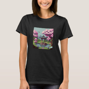 Cherry Blossom Japanese shrine pond retro 16bit vi T-Shirt