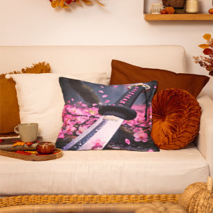 Cherry Blossom Katana in the Rain - Japanese Samur Throw Pillow