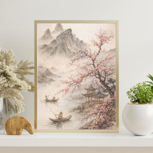 cherry blossom landscape   asian mountain art poster