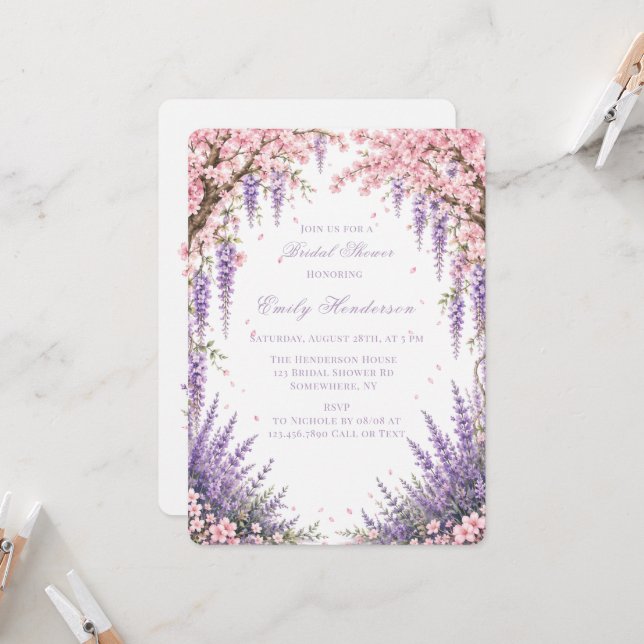Cherry Blossom Lavender Tree Bridal Shower  Invitation (Front/Back In Situ)