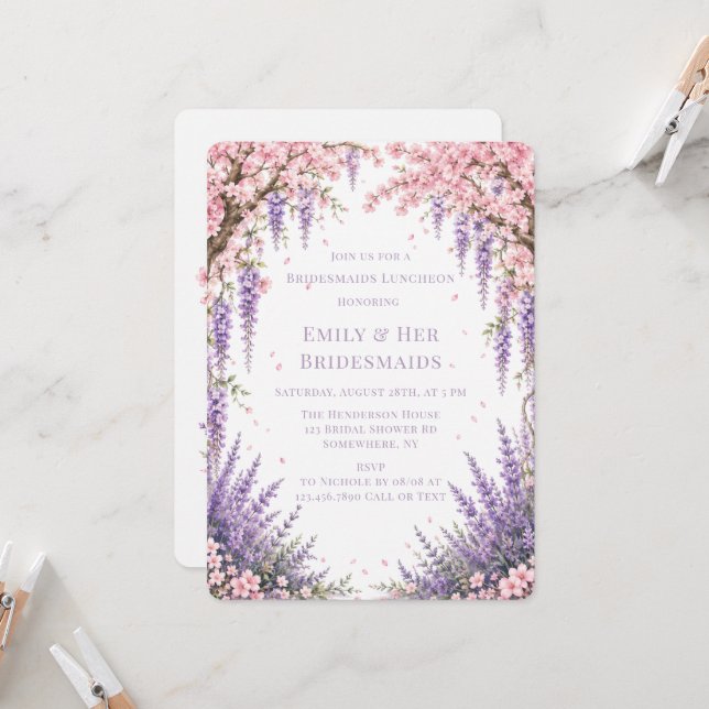 Cherry Blossom Lavender Tree Bridesmaids Luncheon  Invitation (Front/Back In Situ)