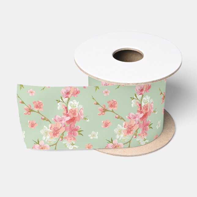 Cherry blossom,mint,jade,trendy,beautiful,pattern, satin ribbon (Spool)