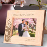 Cherry Blossom Mr and Mrs Wedding Photo  Etched Frames<br><div class="desc">Wooden photo frame personalized with the name of the new Mr & Mrs, their wedding date and their wedding location. The design also features a delicate jar of cherry blossom - perfect for a spring wedding. Lovely gift for bridal shower, wedding, newlyweds or as, it's natural wood, how about a...</div>