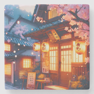 Cherry Blossom Night in Old Japan Stone Coaster
