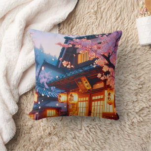 Cherry Blossom Night in Old Japan Throw Pillow