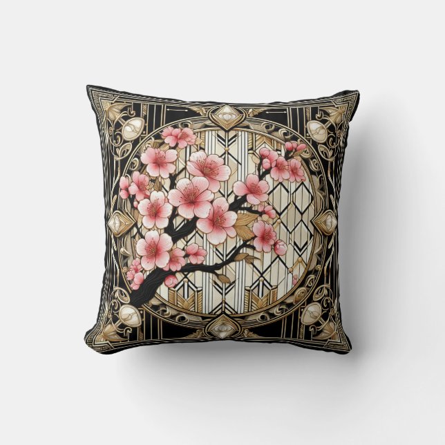 Cherry Blossom on Art Deco Background Throw Pillow (Front)