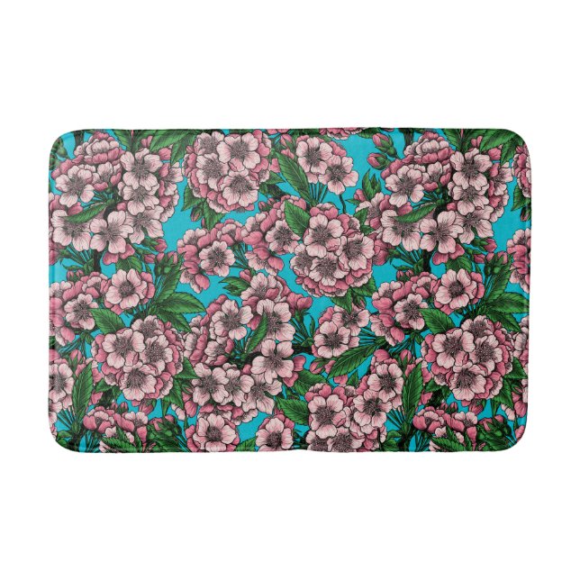 Cherry blossom on blue bath mat (Front)