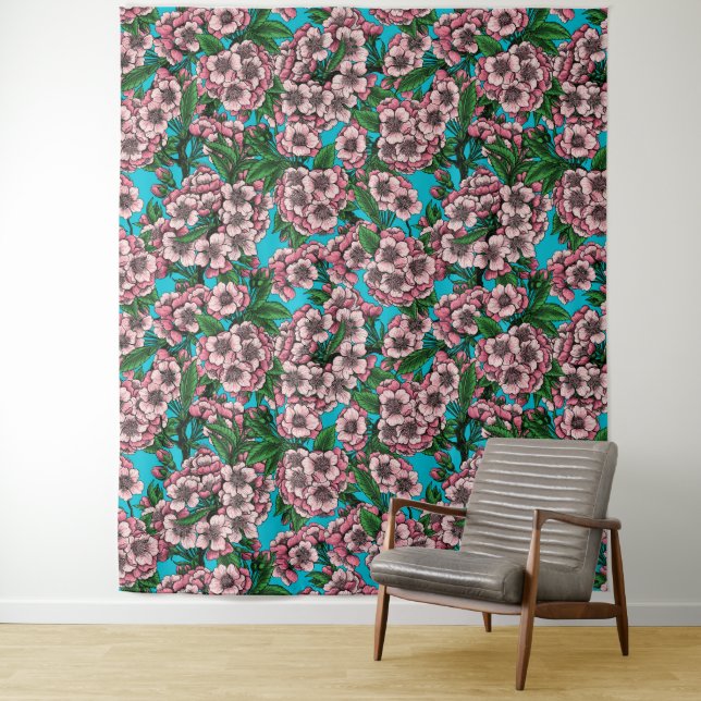 Cherry blossom on blue tapestry (In Situ)
