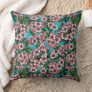 Cherry blossom on blue throw pillow