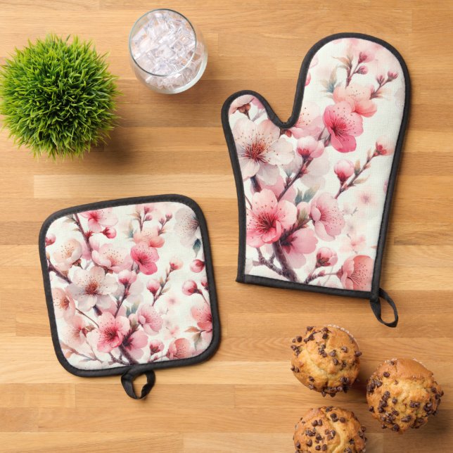 Cherry Blossom Oven Mitt & Pot Holder Set (Top Down)