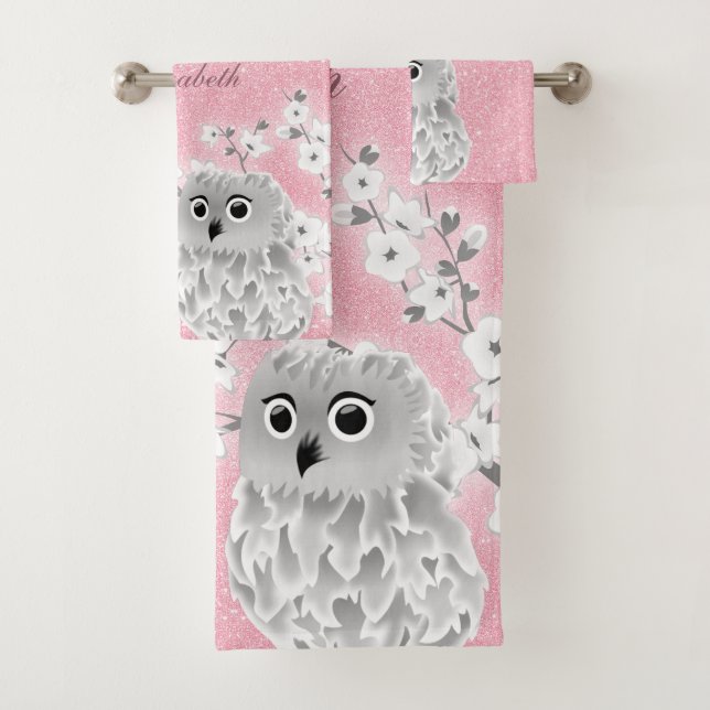 Cherry Blossom Owl White Pink Glitter Monogram Bath Towel Set (Insitu)