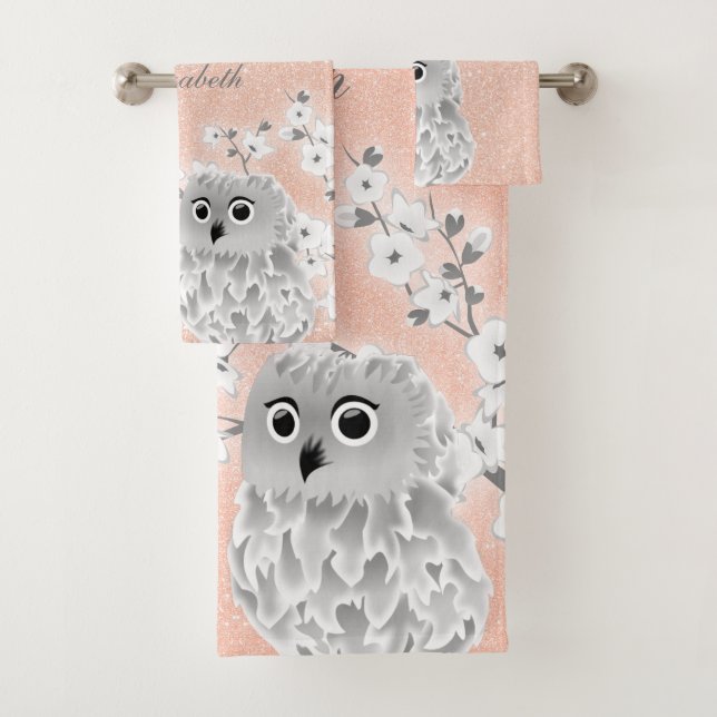 Cherry Blossom Owl White Rose Gold Glitter Bath Towel Set (Insitu)