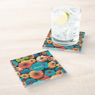 Cherry blossom Pastel Colourful Personalized Patte Glass Coaster