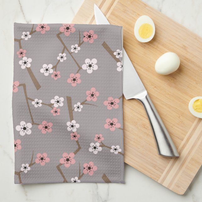 Cherry Blossom Pattern Grey Kitchen Towel (Quarter Fold)
