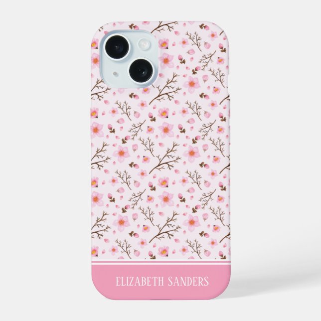 Cherry Blossom Pattern in pink tones iPhone 15 Case (Back)