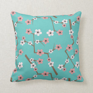 Cherry Blossom Pattern Turquoise Throw Pillow