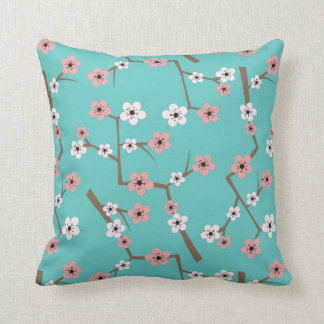 Cherry Blossom Pattern Turquoise Throw Pillow