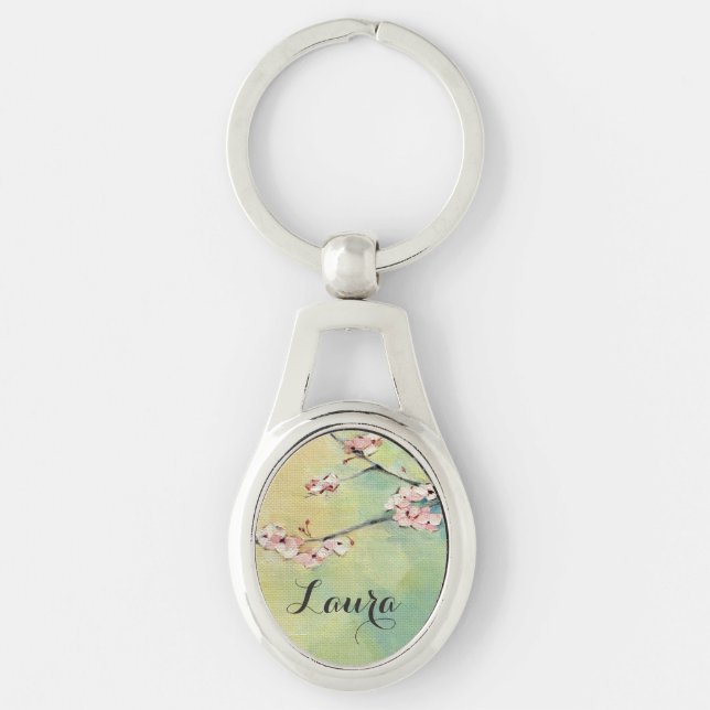 Cherry Blossom Personalized Silver Keychain (Front)