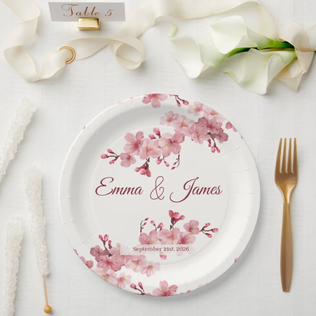 Cherry Blossom Personalized Wedding Paper Plates (Wedding)