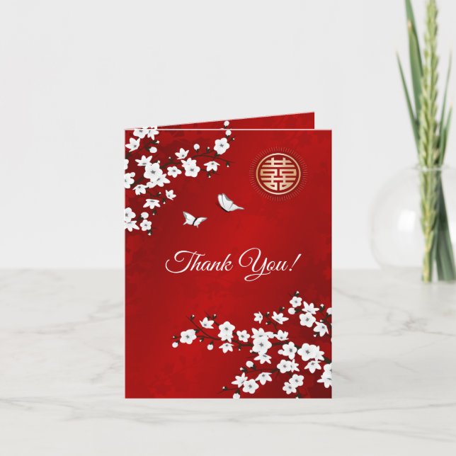 Cherry Blossom Photo Chinese Wedding Thank You (Front)