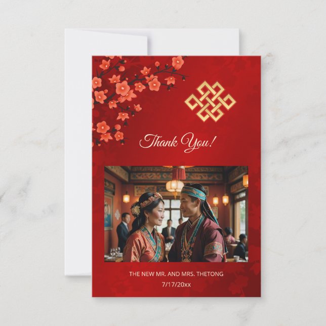 Cherry Blossom Photo  Tibetan Wedding Thank You Card (Front)
